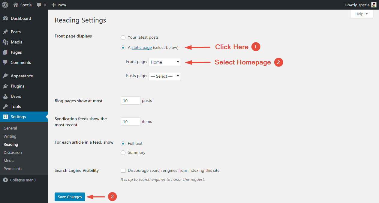 assign homepage as front page